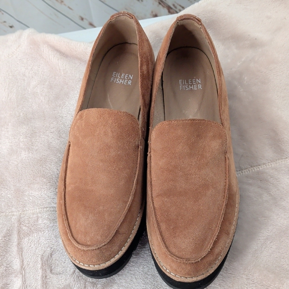 Eileen Fisher Tan Suede Platform Loafers